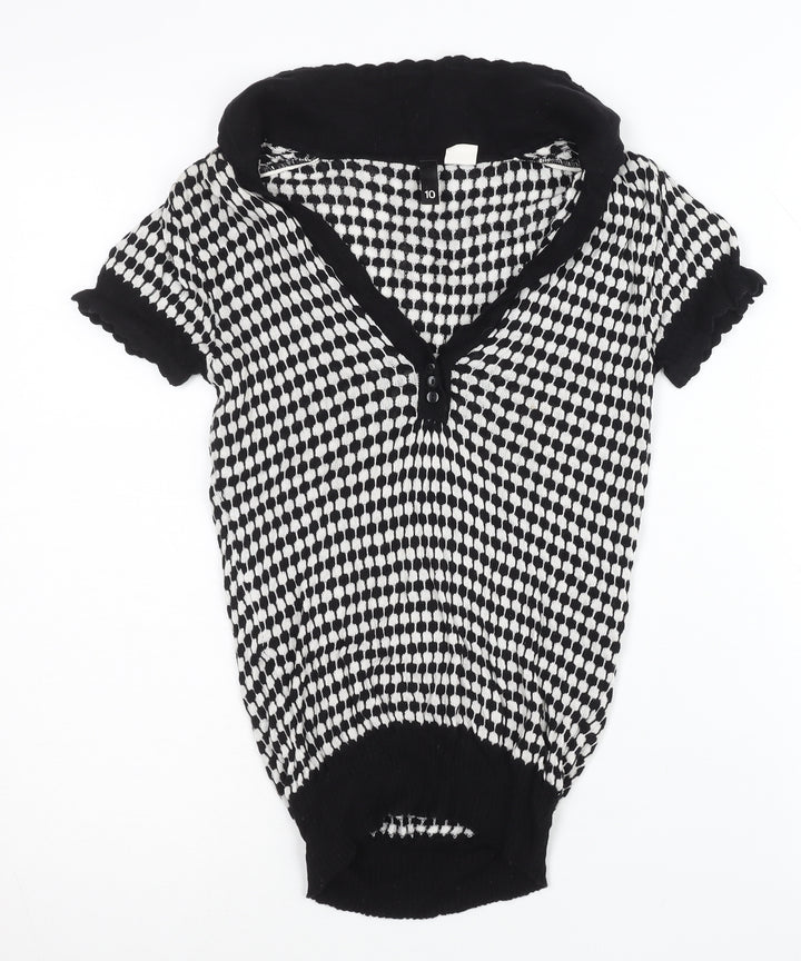 H&M Women Black & White Size 10 V-Neck Henley Knit Jumper