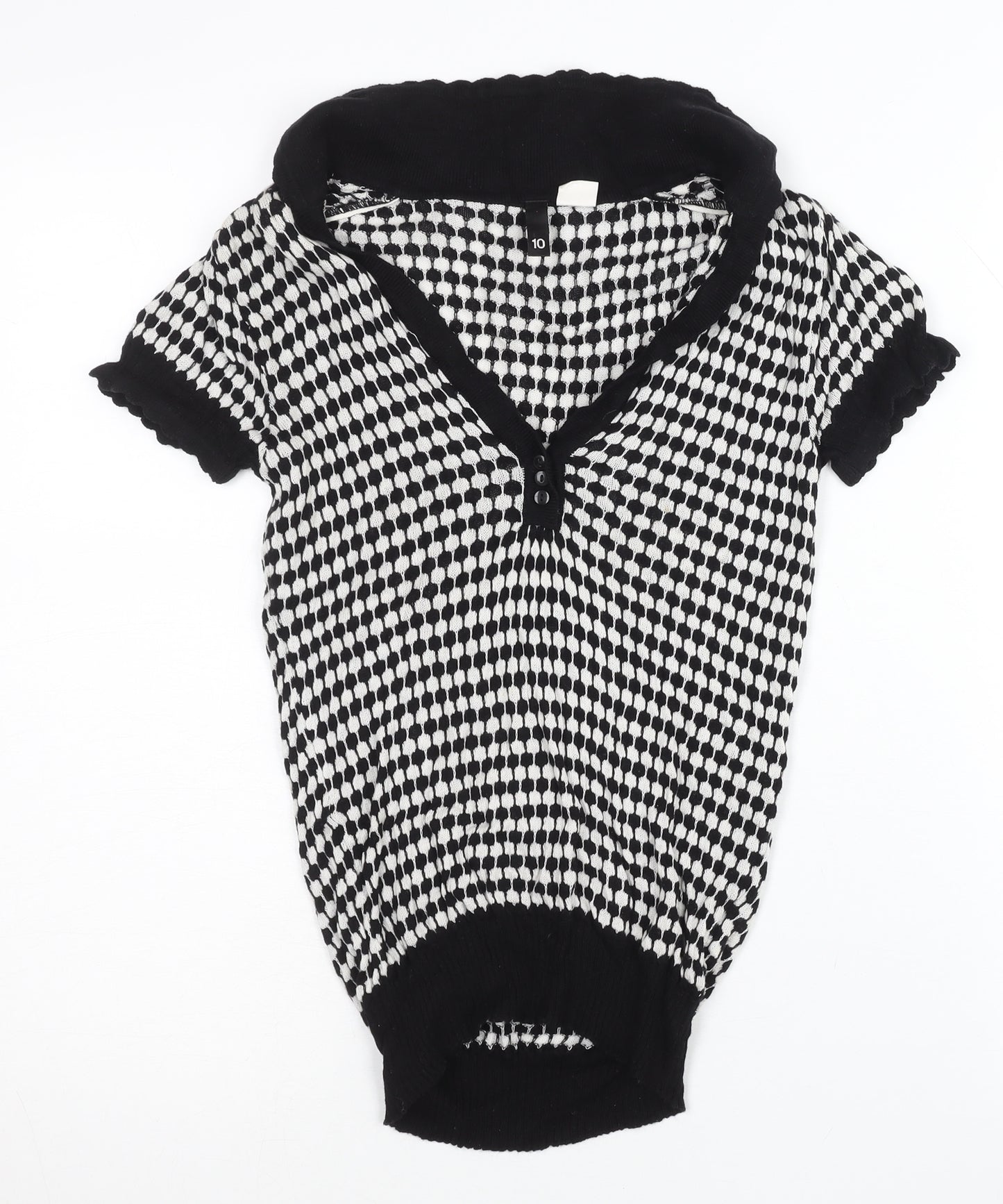 H&M Women Black & White Size 10 V-Neck Henley Knit Jumper