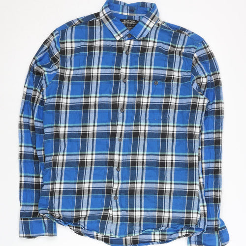 Burton Menswear Men's Blue Plaid Cotton Slim Fit Long Sleeve Shirt M