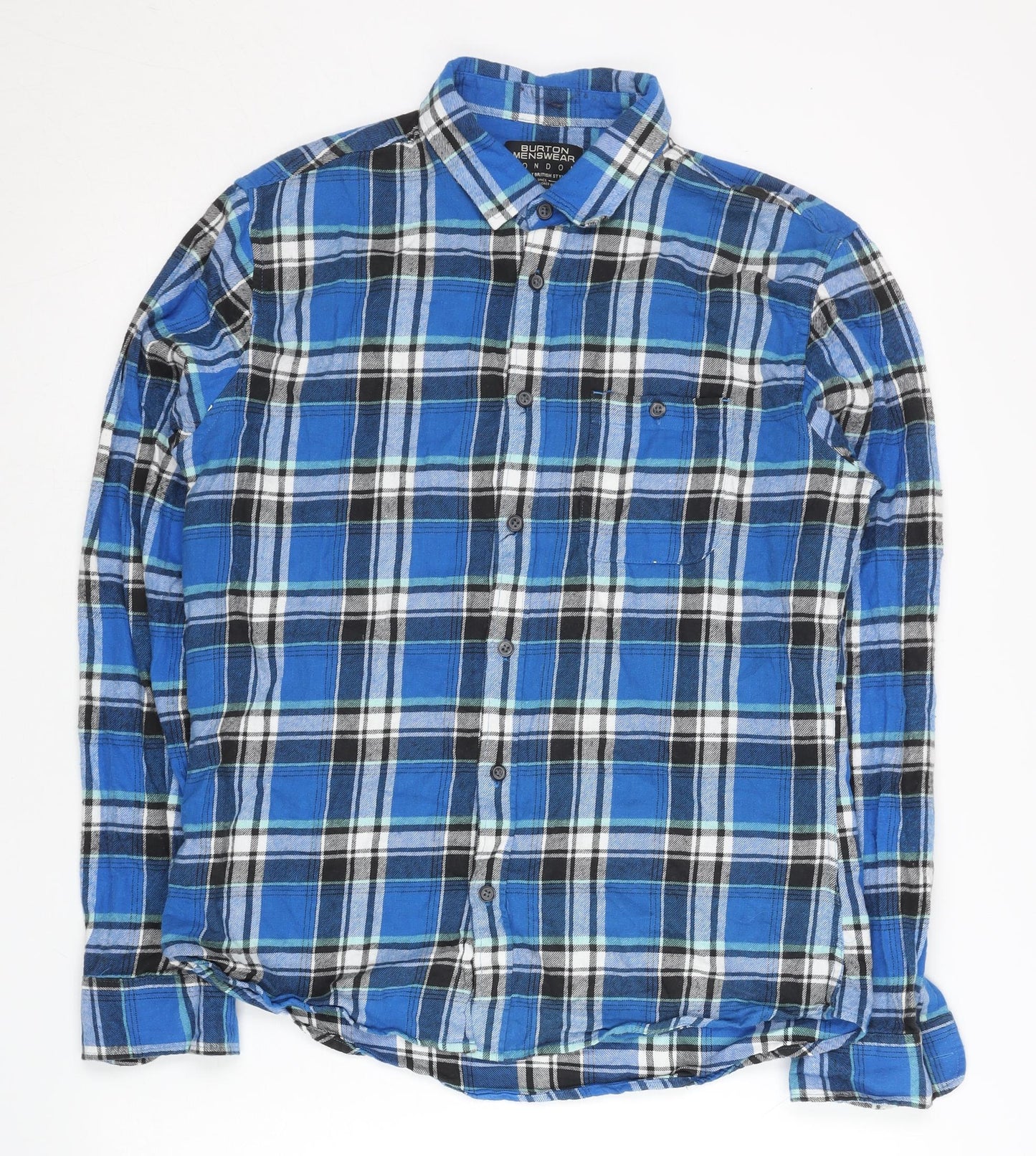 Burton Menswear Men's Blue Plaid Cotton Slim Fit Long Sleeve Shirt M