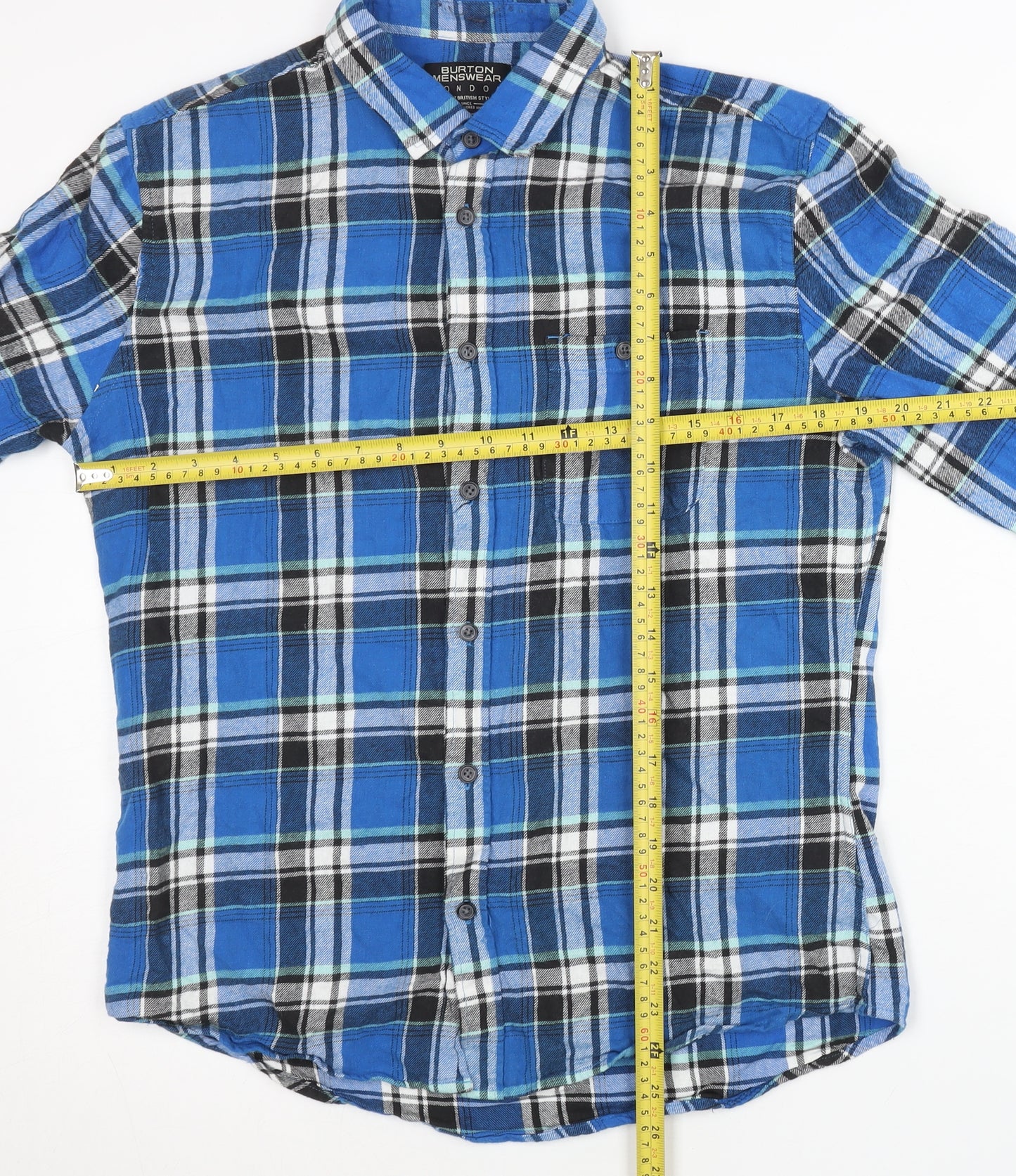 Burton Menswear Men's Blue Plaid Cotton Slim Fit Long Sleeve Shirt M