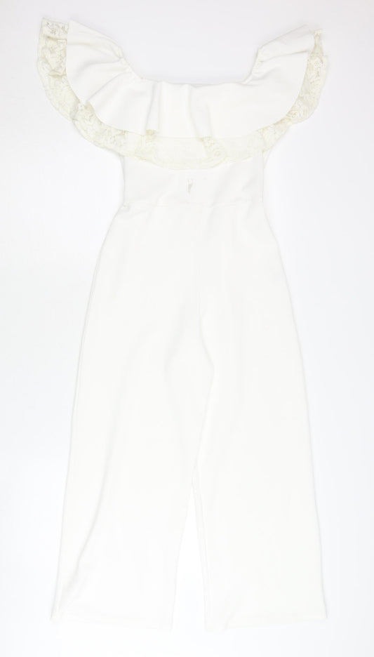 River Island Girls White Lace Ruffle Off Shoulder Jumpsuit 9-10Y Party Wear