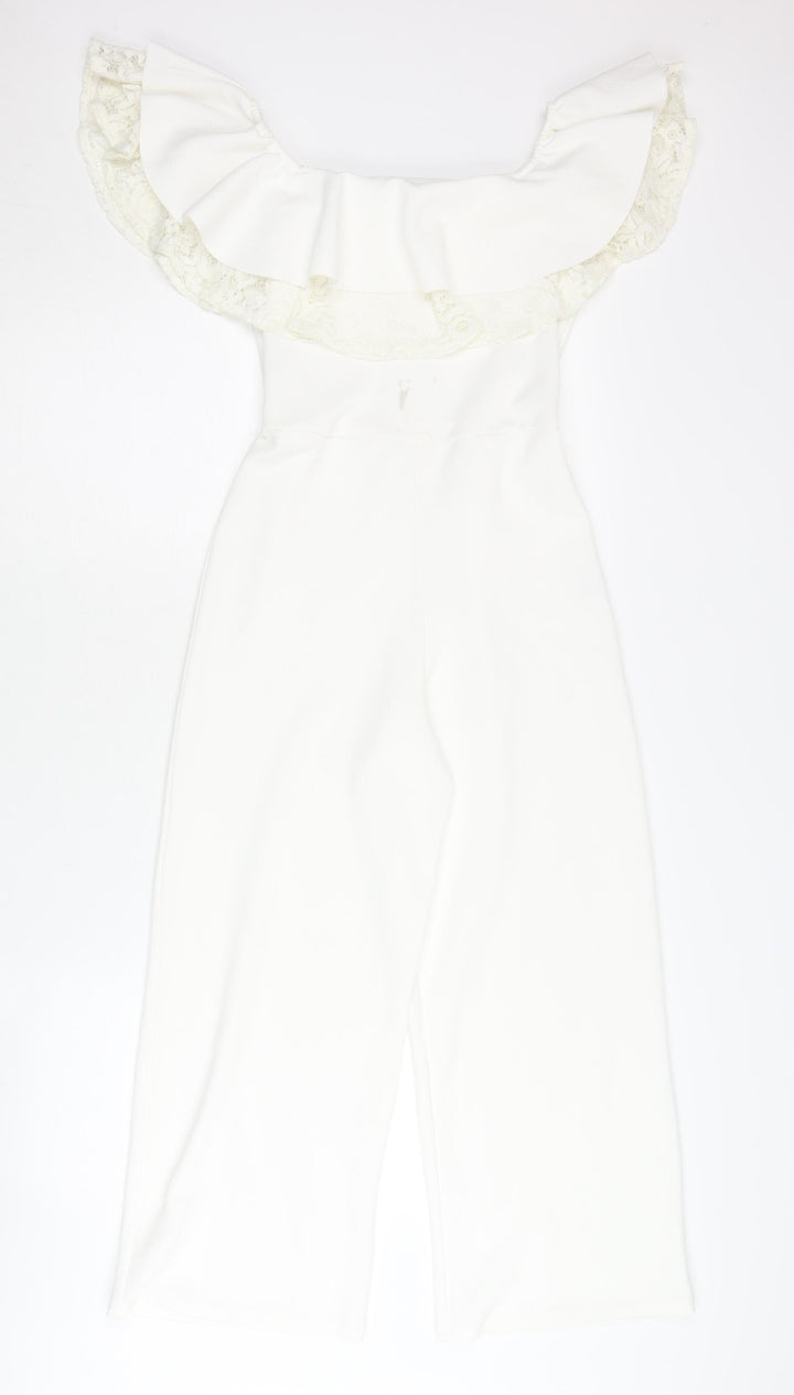 River Island Girls White Lace Ruffle Off Shoulder Jumpsuit 9-10Y Party Wear