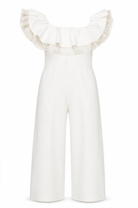 River Island Girls White Lace Ruffle Off Shoulder Jumpsuit 9-10Y Party Wear