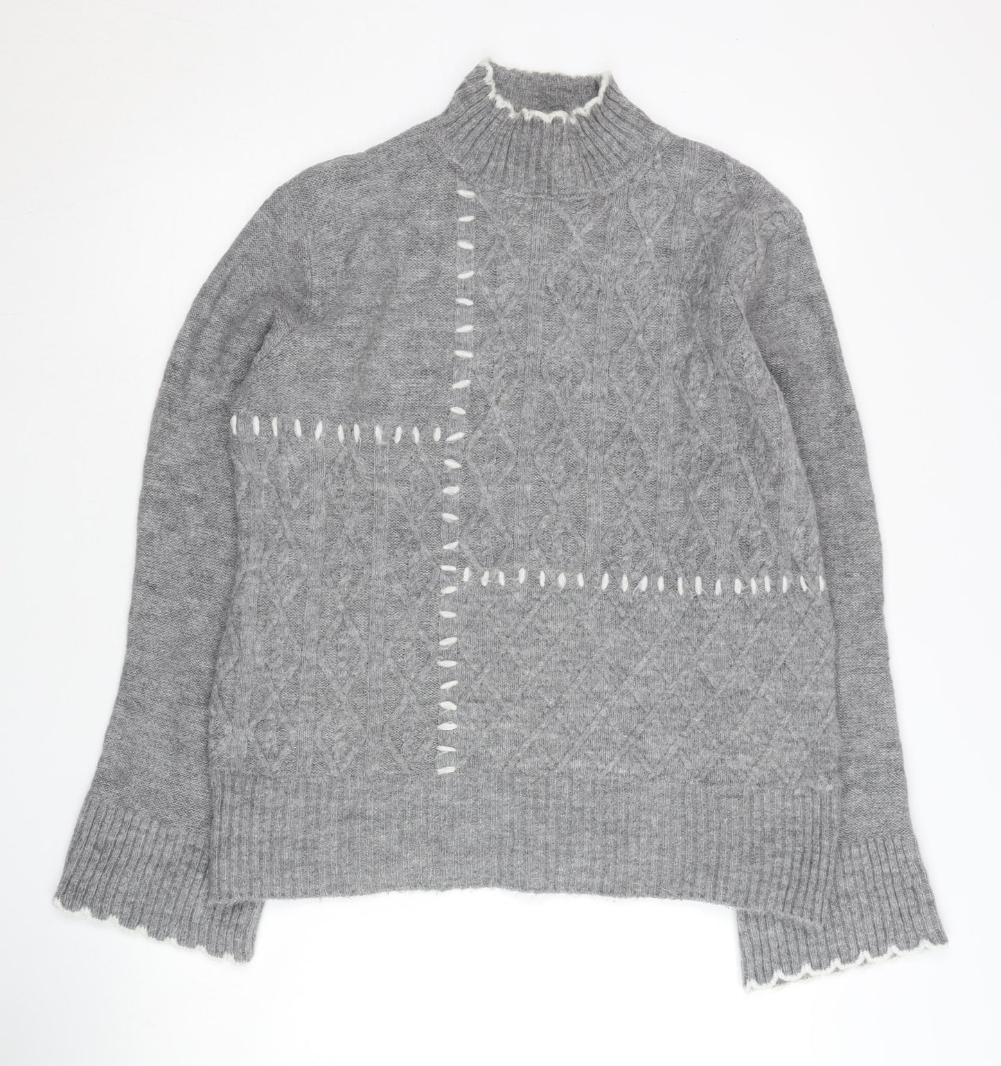 Lipsy Women’s Grey Cable Knit Jumper Size 12 Mock Neck Pullover