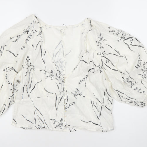 H&M Women’s White Linen Blend Floral Balloon Sleeve Blouse Size 12