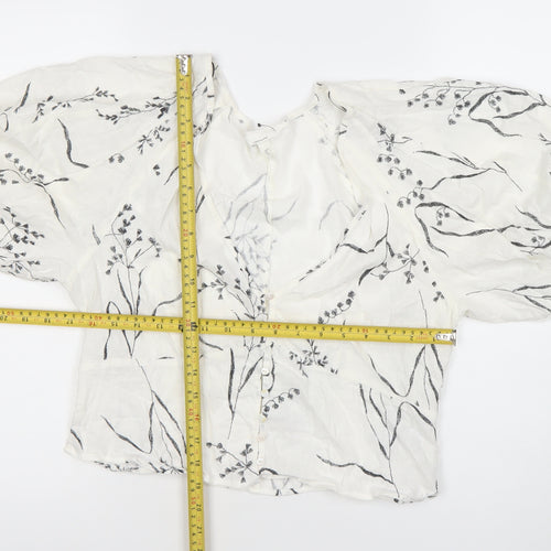 H&M Women’s White Linen Blend Floral Balloon Sleeve Blouse Size 12