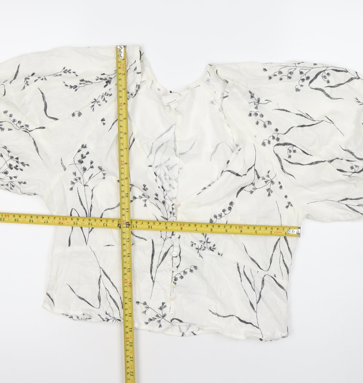 H&M Women’s White Linen Blend Floral Balloon Sleeve Blouse Size 12