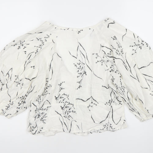 H&M Women’s White Linen Blend Floral Balloon Sleeve Blouse Size 12