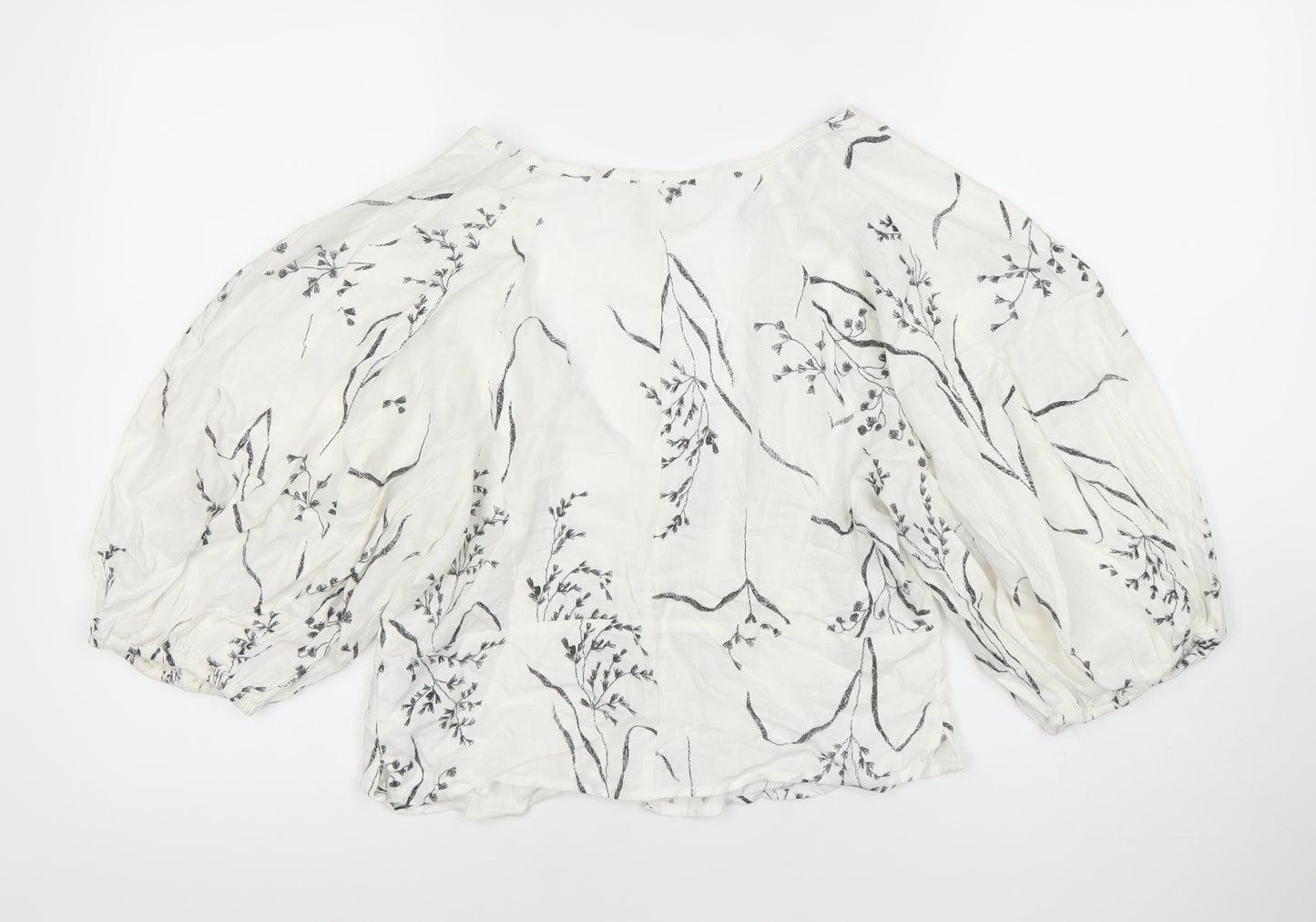 H&M Women’s White Linen Blend Floral Balloon Sleeve Blouse Size 12