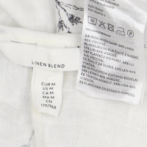 H&M Women’s White Linen Blend Floral Balloon Sleeve Blouse Size 12