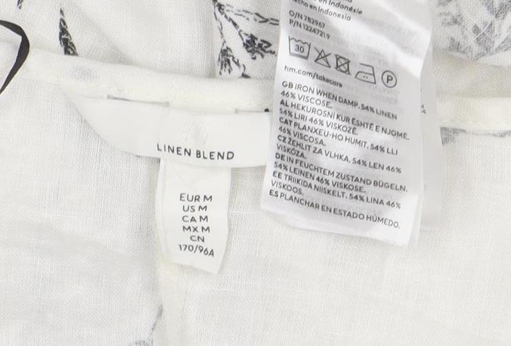H&M Women’s White Linen Blend Floral Balloon Sleeve Blouse Size 12