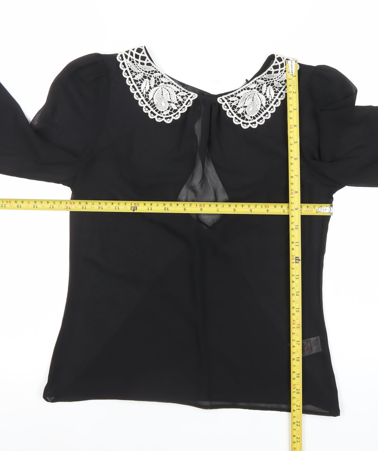 Atmosphere Womens Black Blouse Size 8 Lace Collar Long Sleeve