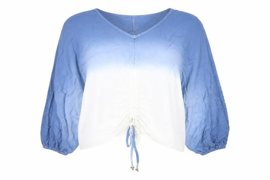 Front view of PAYEMENT women’s blue white ombre viscose tunic blouse, size UK 8