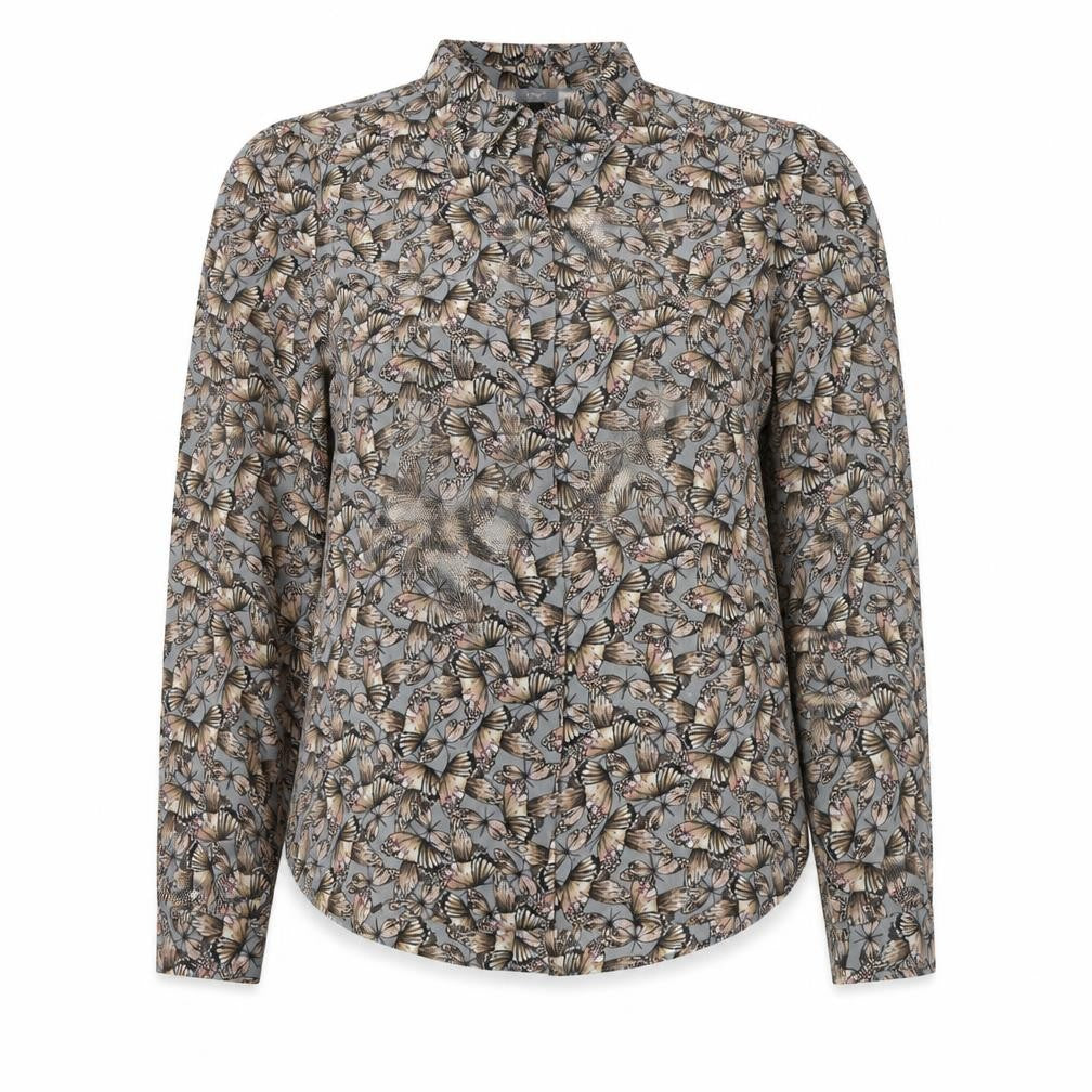 Front view of Next women’s multicoloured butterfly print button-up shirt, size UK 6