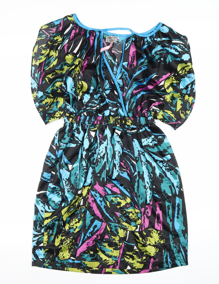 Lipsy Women’s Multicoloured Blouson Dress Size 10 V-Neck Puff Sleeve