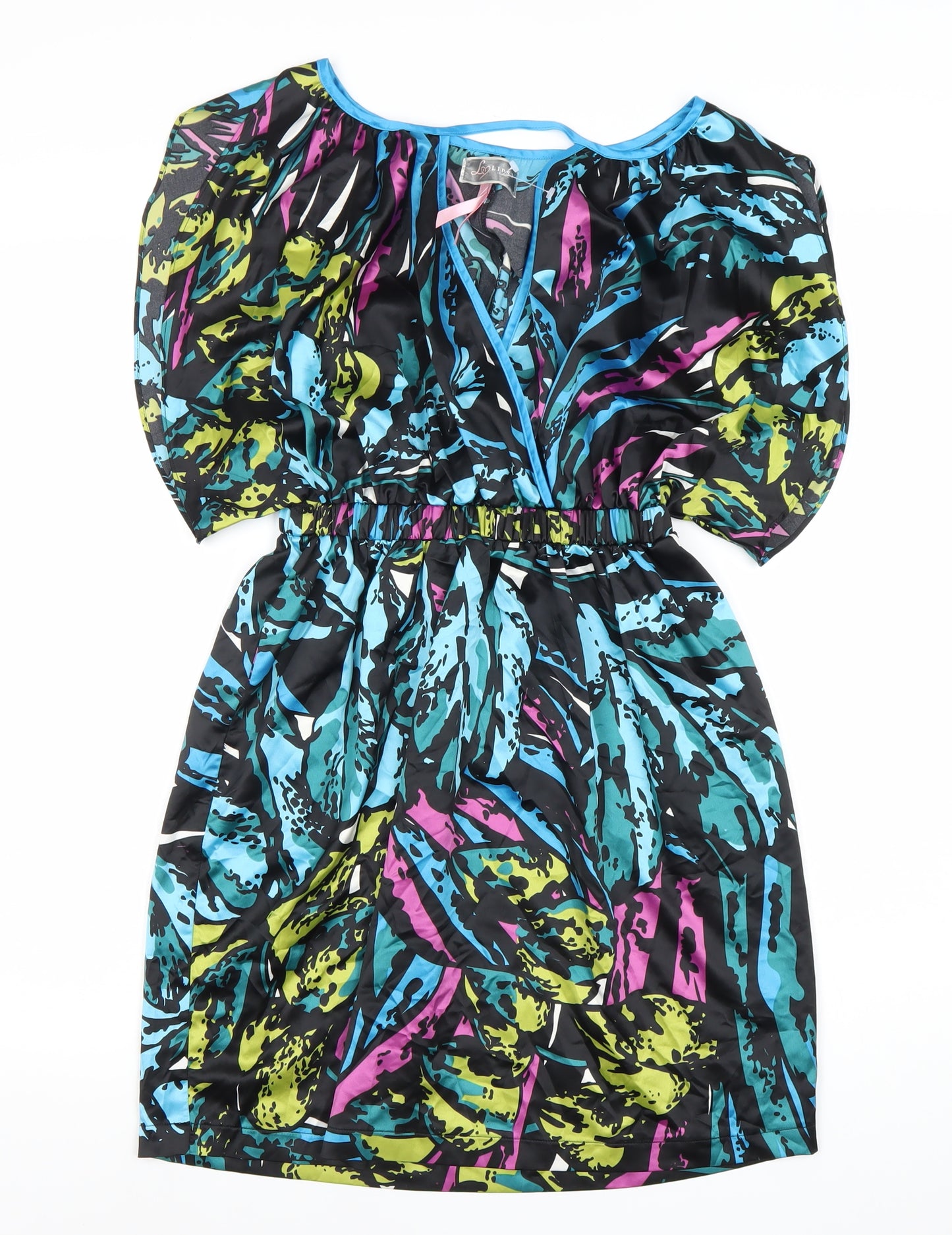 Lipsy Women’s Multicoloured Blouson Dress Size 10 V-Neck Puff Sleeve