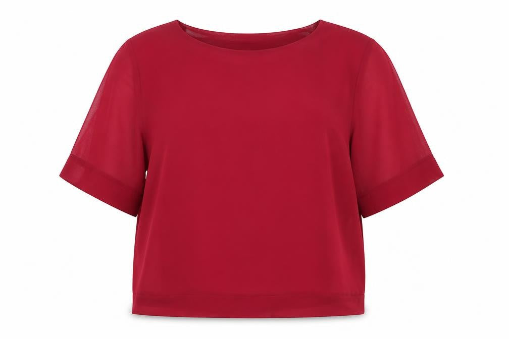 Front view of John Rocha women’s red blouse, size UK 22, chiffon boat neck