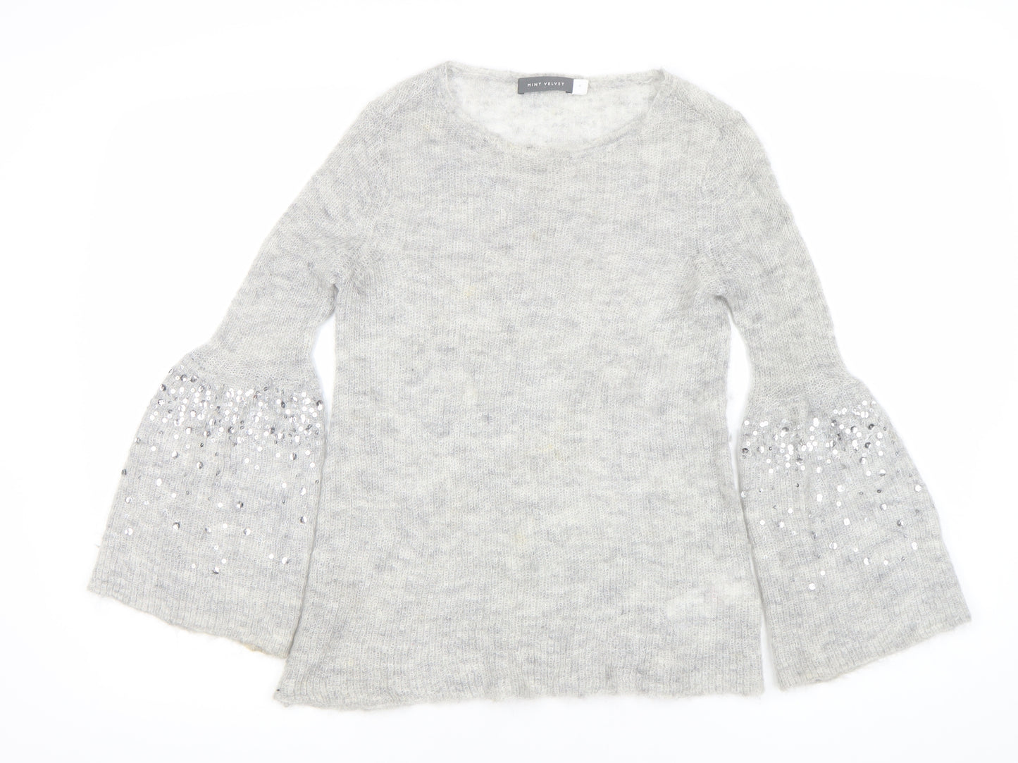 Mint Velvet Womens Grey Sequin Bell Sleeve Knit Jumper Size 8