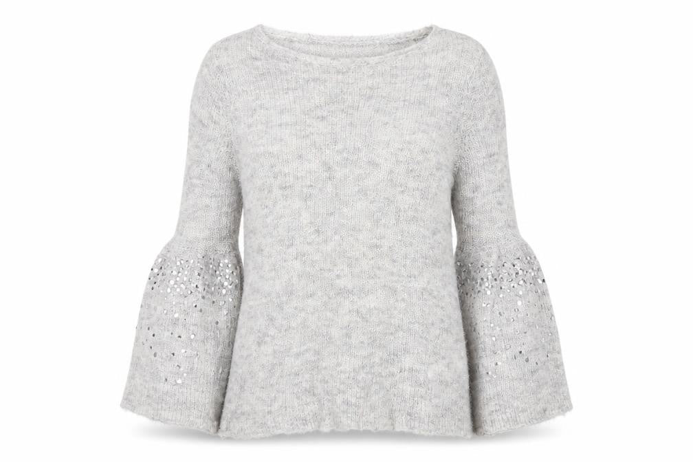 Mint Velvet Womens Grey Sequin Bell Sleeve Knit Jumper Size 8