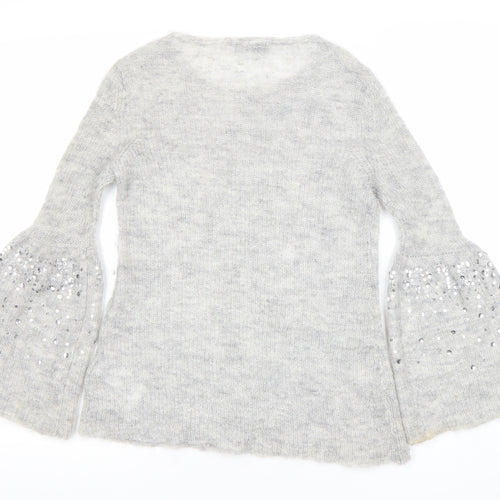 Mint Velvet Womens Grey Sequin Bell Sleeve Knit Jumper Size 8