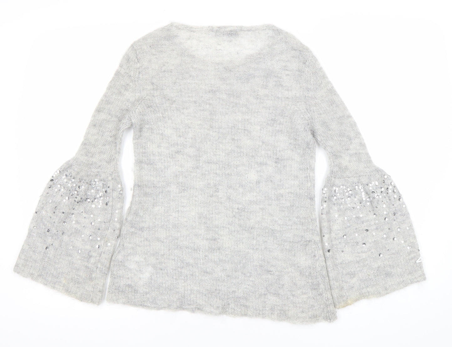 Mint Velvet Womens Grey Sequin Bell Sleeve Knit Jumper Size 8