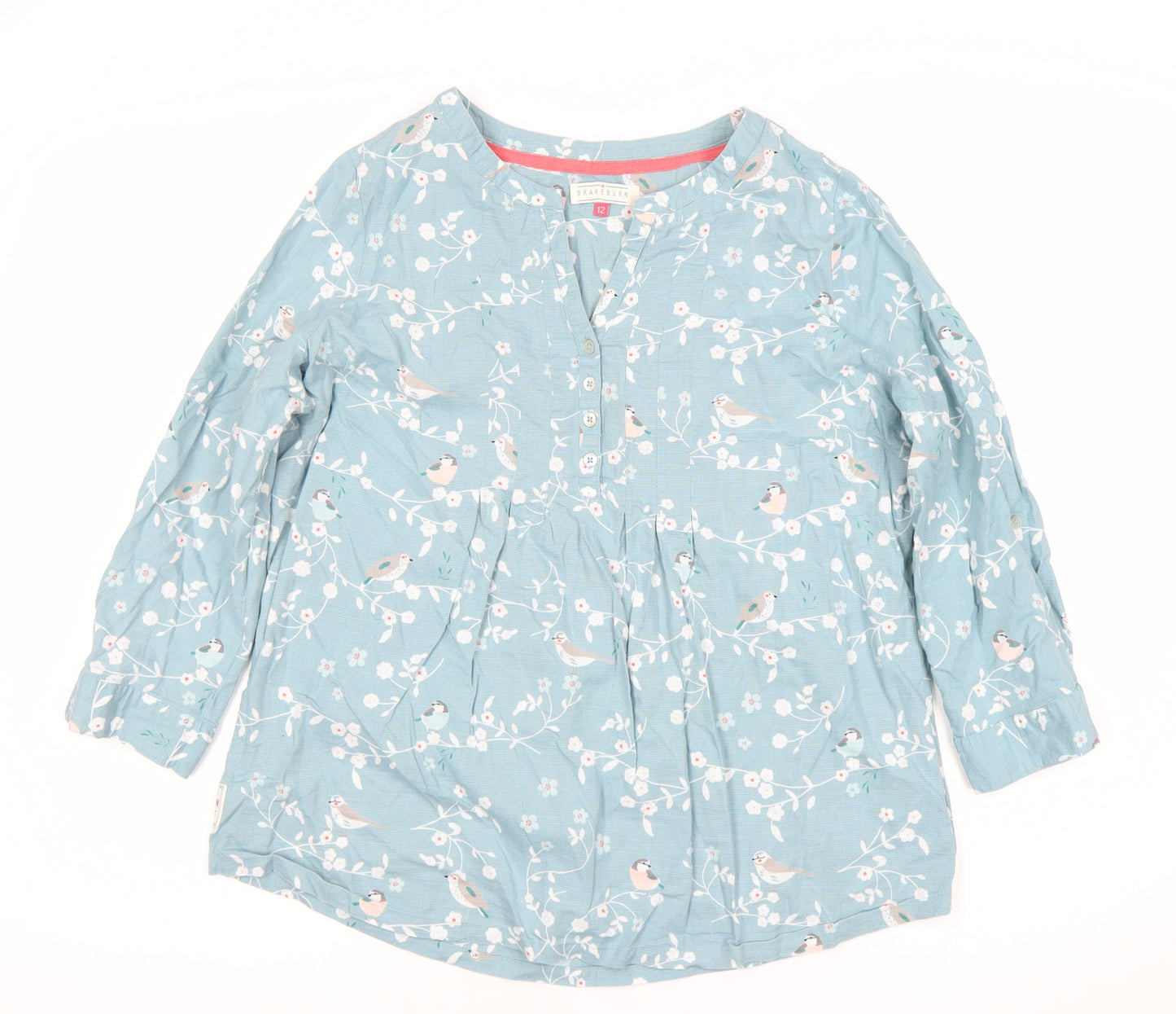 Brakeburn Womens Blue Bird Print Blouse Size 12 Cotton Linen