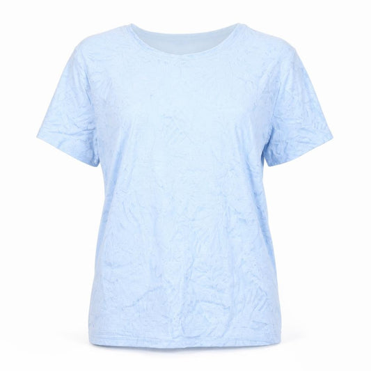 Front view of Isle Essentials Women’s Blue Floral T-Shirt L Short Sleeve Round Neck