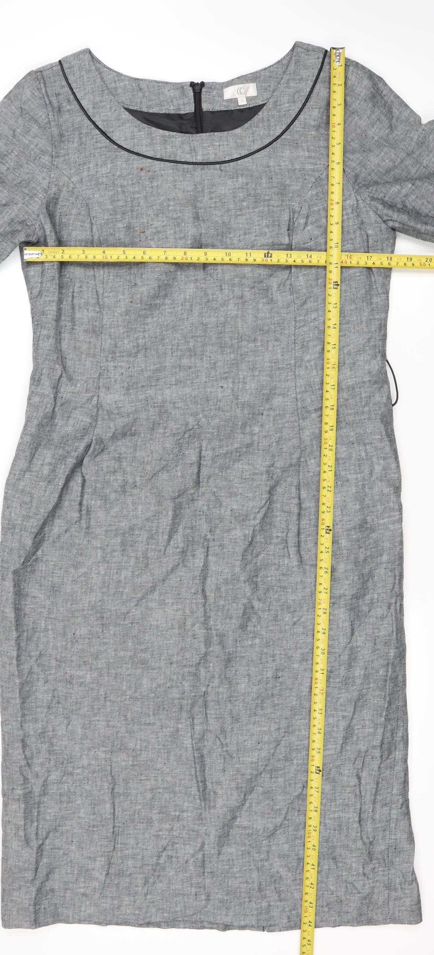 CC Women's Grey Linen Cotton Blend Knee Length Shift Dress Size 14