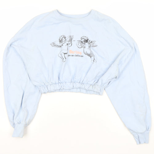 Bershka Womens Blue Crop Sweatshirt M Cupid Print Pullover