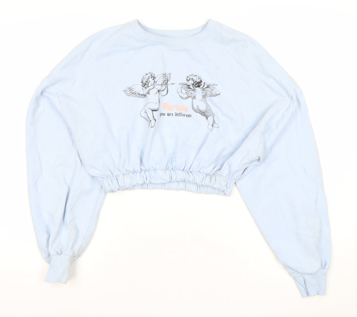 Bershka Womens Blue Crop Sweatshirt M Cupid Print Pullover