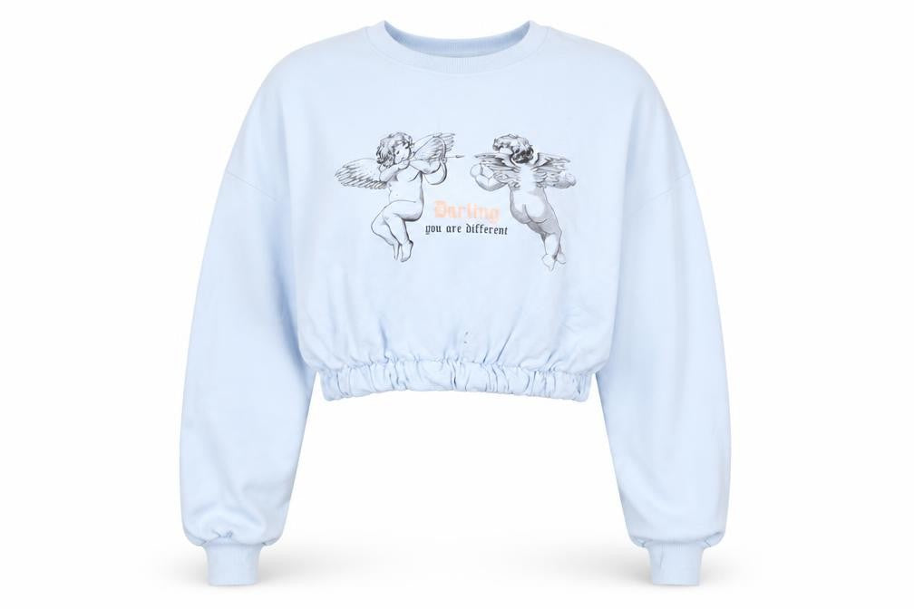 Front view of Bershka women’s blue crop sweatshirt m cupid print pullover
