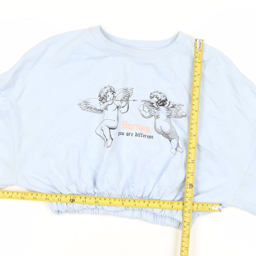 Bershka Womens Blue Crop Sweatshirt M Cupid Print Pullover