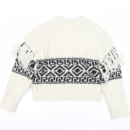 H&M Womens Ivory XS Chunky Knit Fringe Geometric Pullover Jumper