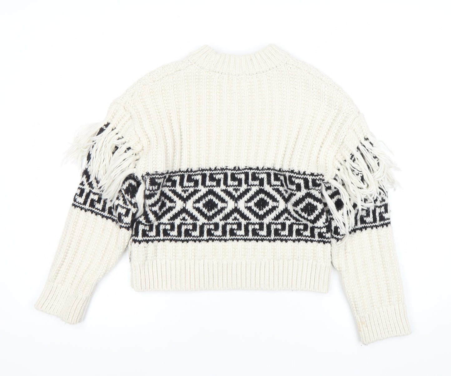 H&M Womens Ivory XS Chunky Knit Fringe Geometric Pullover Jumper