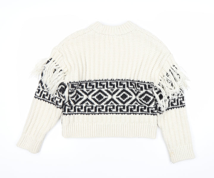 H&M Womens Ivory XS Chunky Knit Fringe Geometric Pullover Jumper