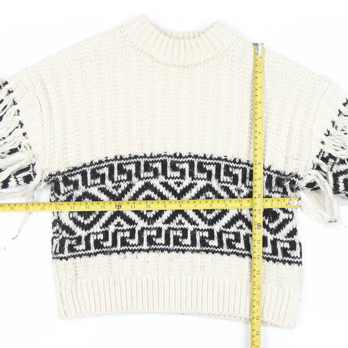 H&M Womens Ivory XS Chunky Knit Fringe Geometric Pullover Jumper