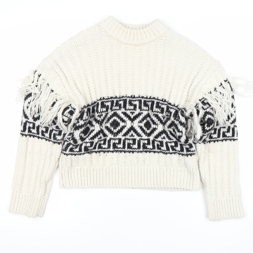H&M Womens Ivory XS Chunky Knit Fringe Geometric Pullover Jumper