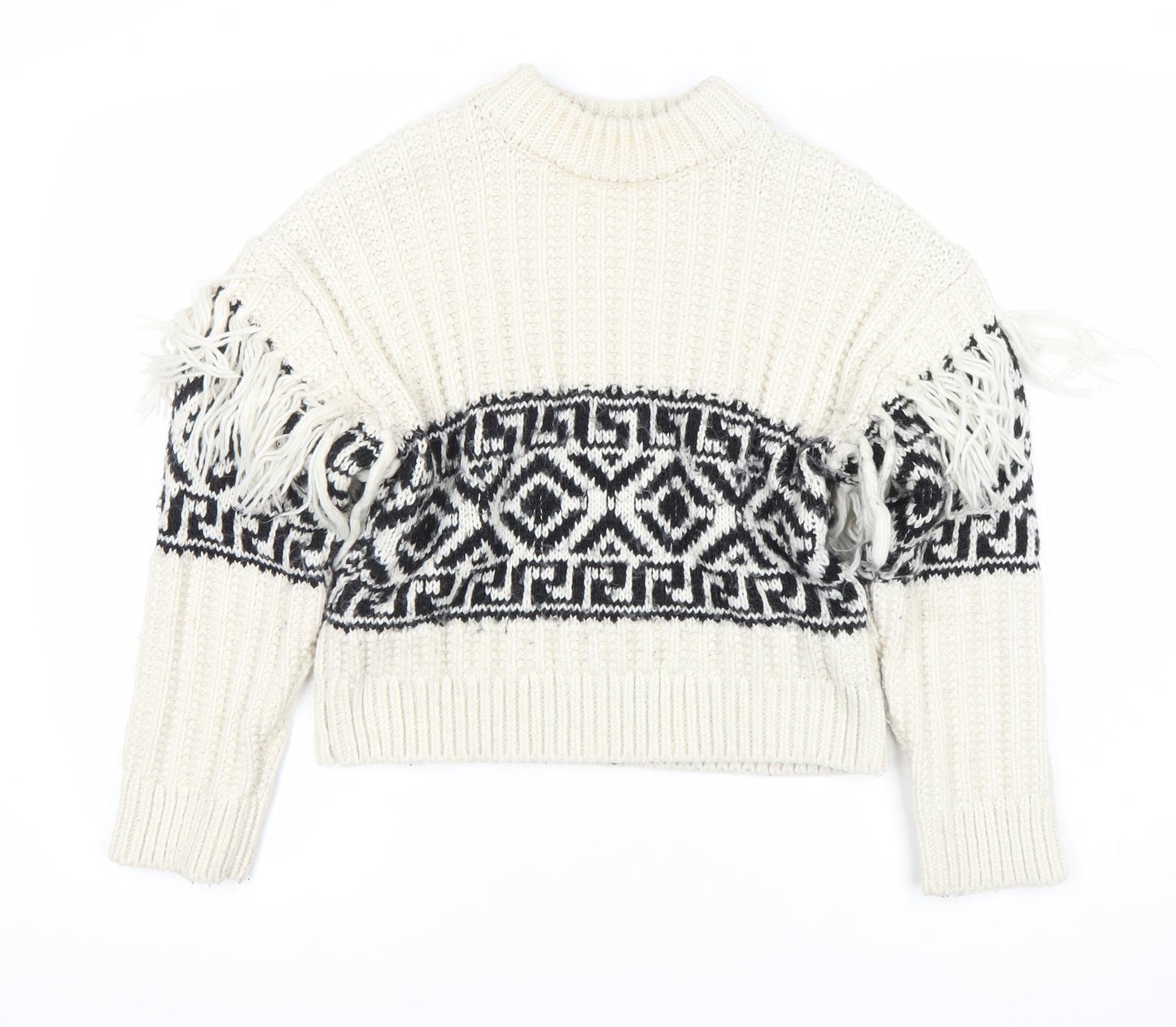 H&M Womens Ivory XS Chunky Knit Fringe Geometric Pullover Jumper