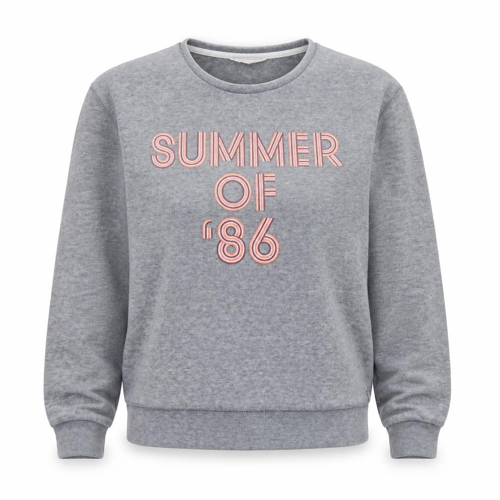 Front view of Maison Scotch women’s grey sweatshirt, size S, summer of '86 pullover