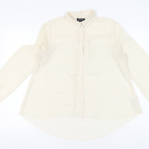 Topshop Women Ivory Lace Panel Long Sleeve Collared Blouse Size 10