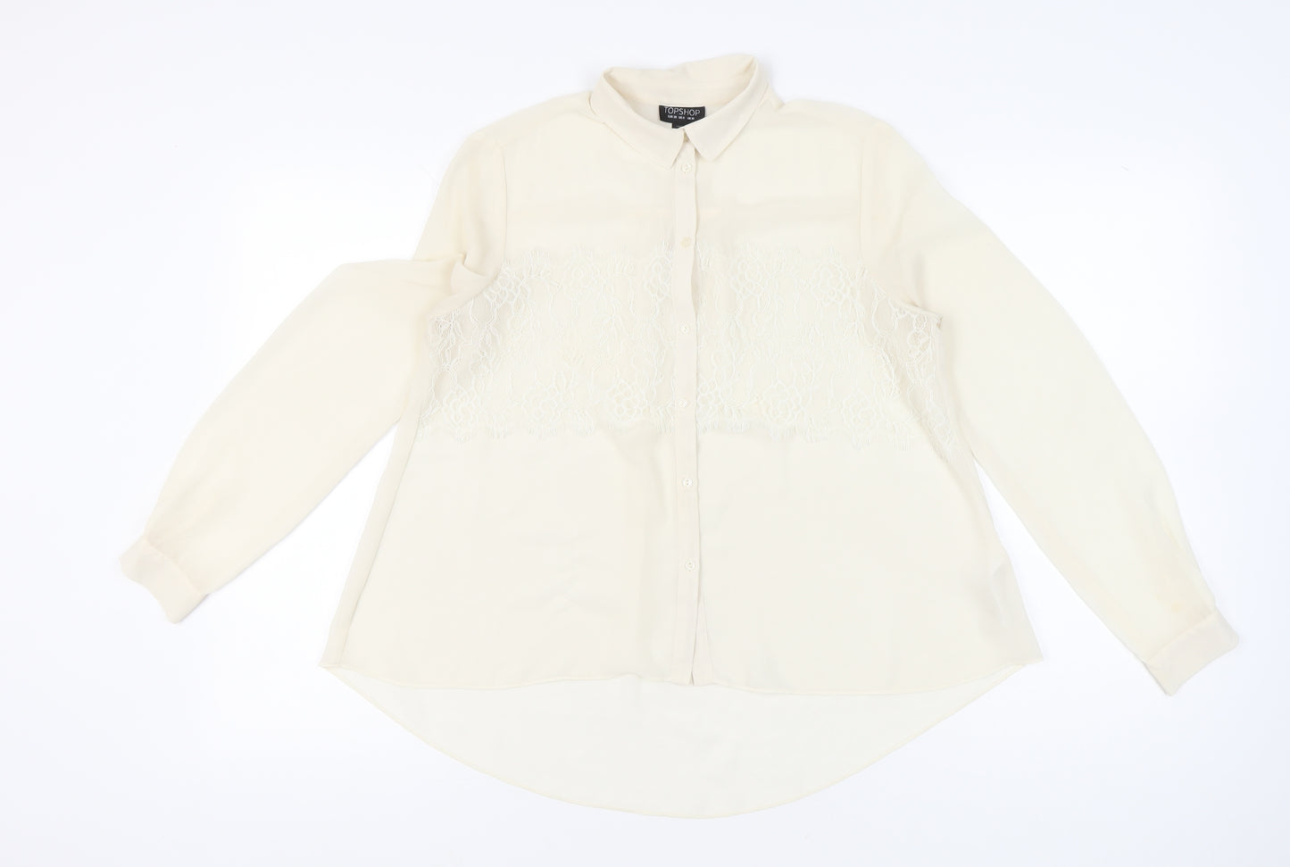 Topshop Women Ivory Lace Panel Long Sleeve Collared Blouse Size 10