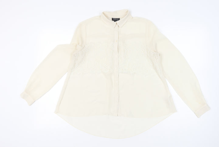 Topshop Women Ivory Lace Panel Long Sleeve Collared Blouse Size 10