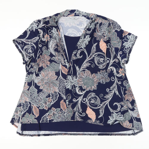 Classic Womens Blue Floral Tunic Blouse Size 18 Short Sleeve