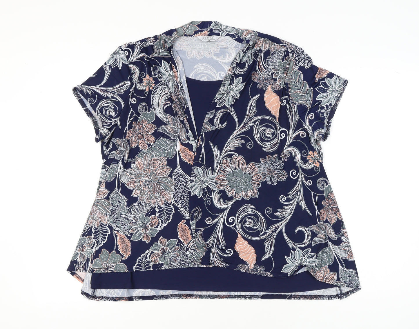 Classic Womens Blue Floral Tunic Blouse Size 18 Short Sleeve