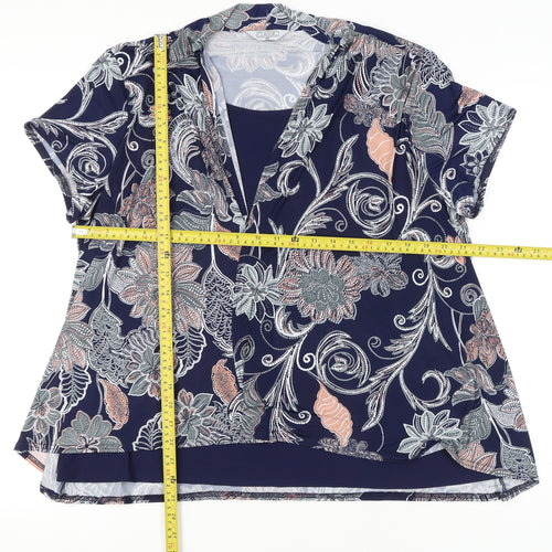 Classic Womens Blue Floral Tunic Blouse Size 18 Short Sleeve