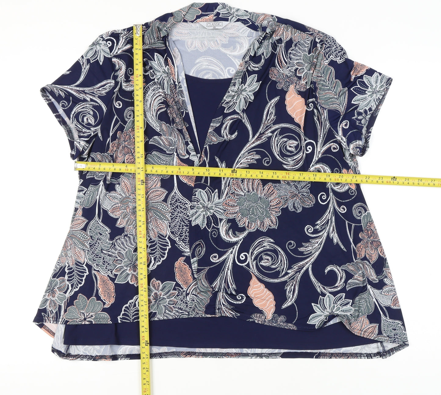 Classic Womens Blue Floral Tunic Blouse Size 18 Short Sleeve