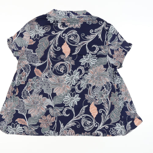 Classic Womens Blue Floral Tunic Blouse Size 18 Short Sleeve