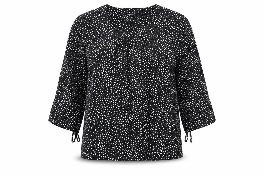 Front view of Kaleidoscope Women Black Polka Dot Blouse, size 12, Tunic Style