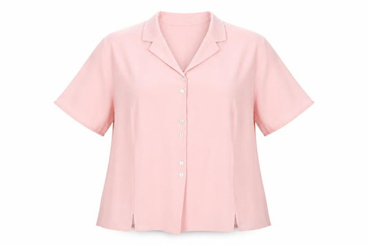Front view of Petites women’s pink blouse, size UK 22, short sleeve collared button up